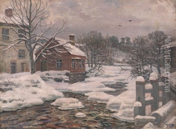 Vinterlandskap Med Hus Ved Mesna Oil Painting - Fredrik Jonas Lucian Botfield Collett