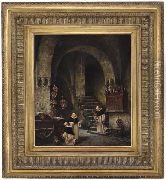 Monks In A Winecellar Oil Painting - Vincent Stoltenberg Lerche