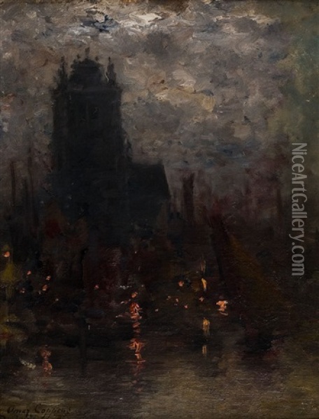 Dordrecht A La Tombee De La Nuit Oil Painting - Omer Coppens