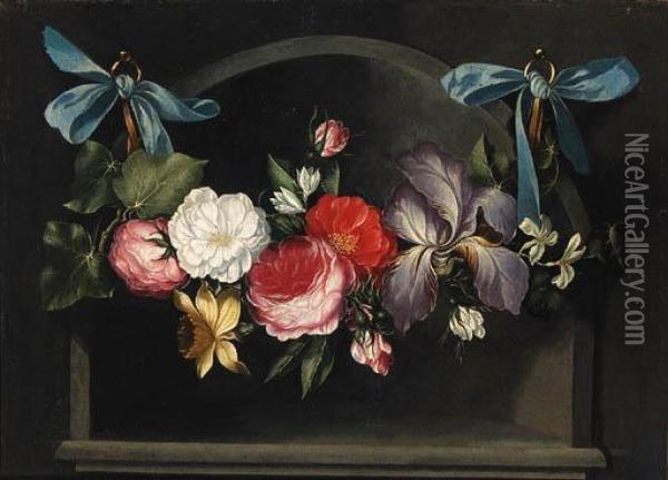 A Garland Of Flowers Hanging Before A Niche Oil Painting - Daniel Seghers