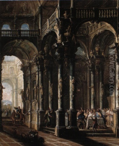 Architectural Capriccio With Belshazzar's Feast Oil Painting - Viviano Codazzi