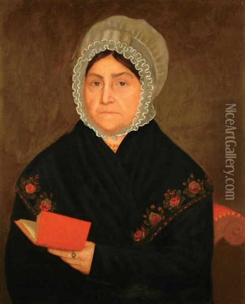 A Woman Holding A Red Book And Wearing A Floral Shawl, (mrs. Engelta Vroman?) Oil Painting - Ammi Phillips