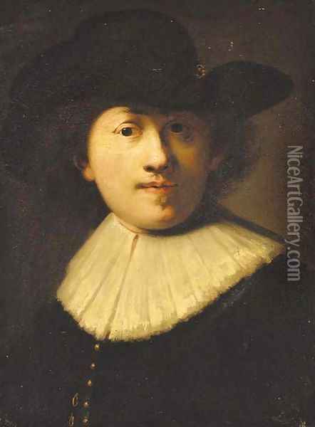 Portrait of the artist, bust length, in a black coat and hat Oil Painting - Rembrandt Van Rijn