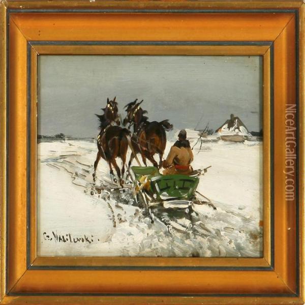 Winter Scene With A Troika Oil Painting - Ignacy (Czeslaw Wasilewski) Zygmuntowicz