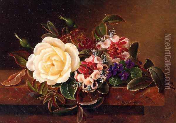 Still Life with a Rose and Violets on a Marble Ledge Oil Painting - Johan Laurentz Jensen