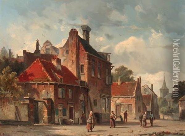 View Of A Town With Figures In A Sunlit Street Oil Painting - Adrianus Eversen