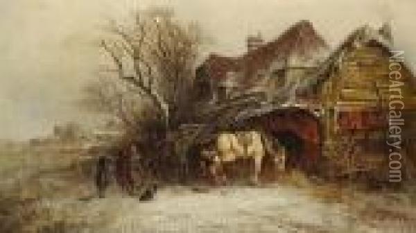 A Blacksmith's Forge In A Winter Landscape Oil Painting - George Augustus Williams