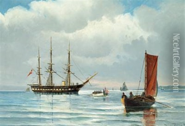 The Frigate Jylland And Fishing Boats Off The Coast Oil Painting - Vilhelm Victor Bille