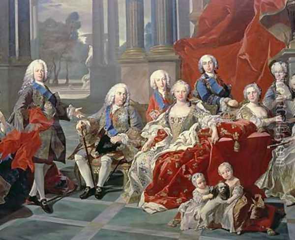 The Family of Philip V of Spain 1683-1746 detail depicting the king his second wife Elizabeth Farnese and the future Ferdinand VI 1743 Oil Painting - Louis Michel van Loo