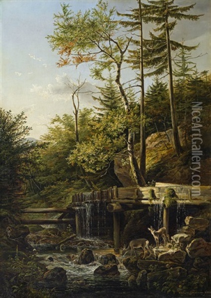 Deers At A Brook Oil Painting - Friedrich Gauermann