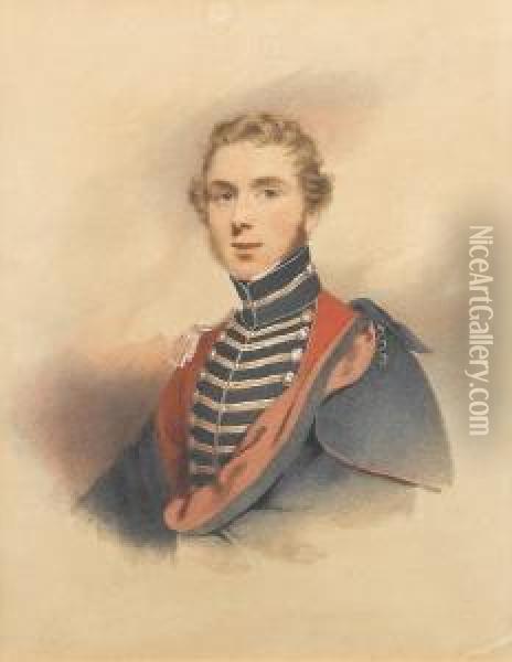 A Staff Officer, Wearing Red 
Coatee With Blackfacings And Gold Lace, Gold Epaulette On His Right 
Shoulder, Ablack Cloak Lined With Red Over His Left Shoulder. Oil Painting - Francois Theodore Rochard