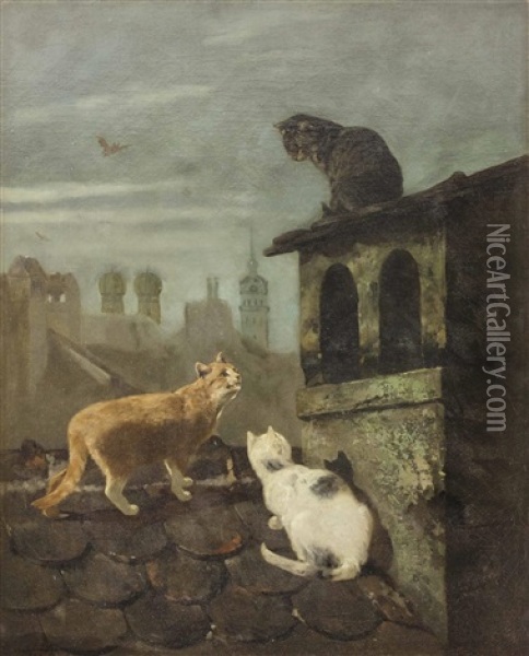 Drei Katzen Auf Den Dachern Von Munchen Bei Nacht Oil Painting - Josef Schmitzberger