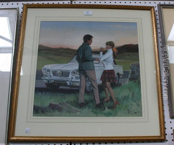 Two Figures By A Triumph Vitesse Oil Painting - John Heseltine