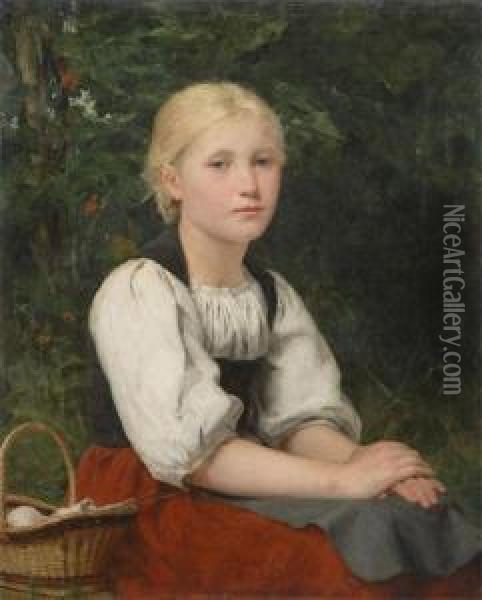 Genre Seated Girl With Knitting Basket Oil Painting - Albert Anker