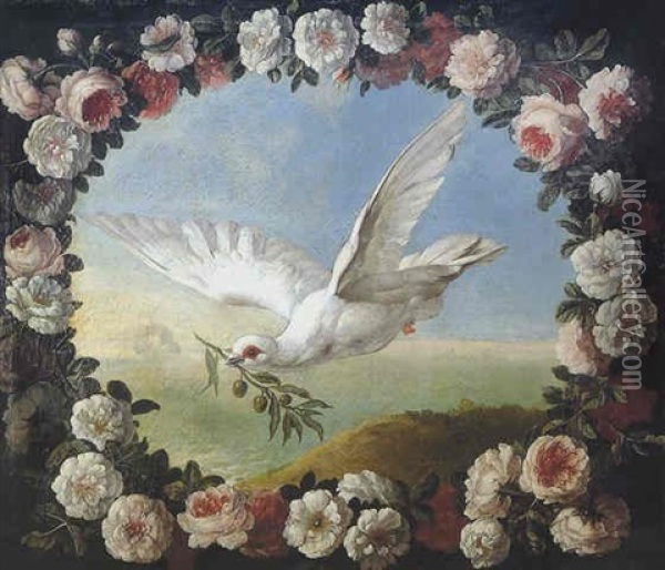An Allegory Of The Flood; The Sacred Dove With An Olive Branch, The Ark Beyond, Surrounded By A Garland Of Roses Oil Painting - Pieter Casteels III