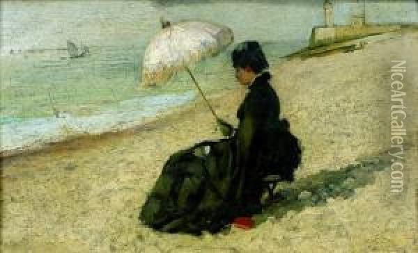 Jeune Femme A L'ombrelle Sur Une Plage Oil Painting - Eva Gonzales