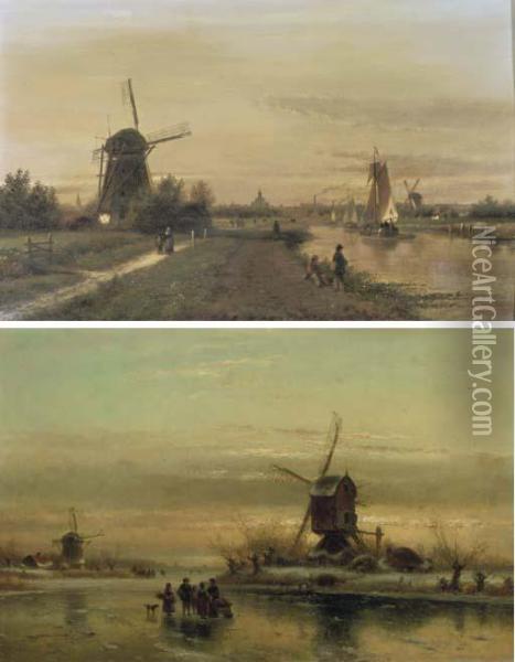 The Vliet Near The Hague In Summer; And On The Ice Near A Windmill In Winter Oil Painting - Lodewijk Johannes Kleijn