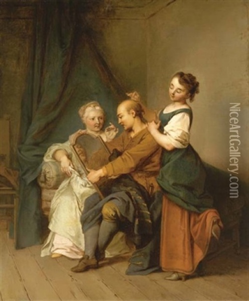 A Man At His Toilette - L'homme Entre Deux Ages Oil Painting - Sebastien Leclerc the Younger