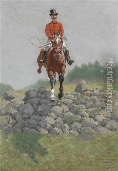 A Hunting Man (in Full Pursuit: H.l. Herbert Taking A Wall) Oil Painting - Frederic Remington