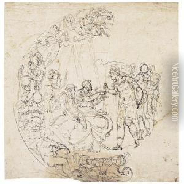 A Design For A Maiolica Dish: A Roman Soldier Approaching Seated Figures Oil Painting - Battista Franco
