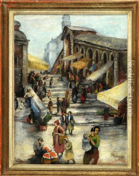 Belebte Marktszene Auf Der Rialtobrucke In Venedig Oil Painting - Hans Goetzinger