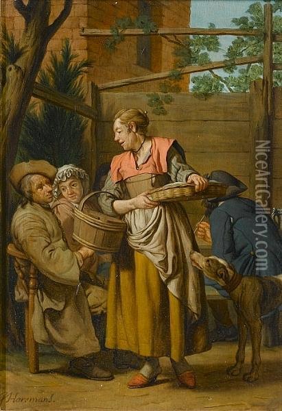 Figures In A Yard Smoking Oil Painting - Jan Josef, the Elder Horemans