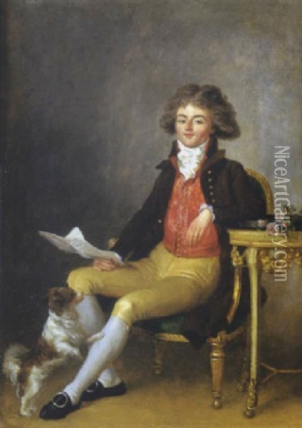 Portrait D'un Gentilhomme Assis Avec Son Chien Oil Painting - Marguerite Gerard