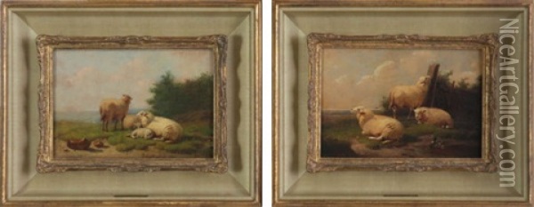 Paysage Aux Moutons (pair) Oil Painting - Joseph Van Dieghem