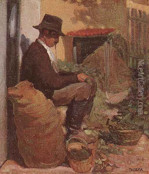 Peasant Shelling Peas c. 1910 Oil Painting - Janos Thorma