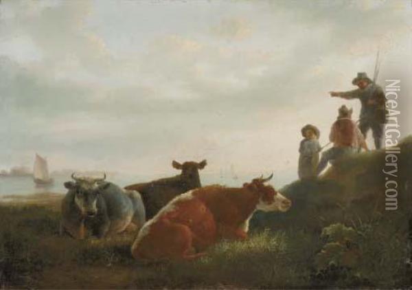 A Pastoral Landscape With Cattle And Fishermen By A River Oil Painting - Jacob Van Stry