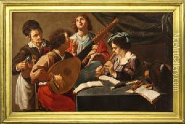 ''concerto Con Cantore, Suonatore Di Liuto E
Flautista''. Oil Painting - Salomon Rombouts
