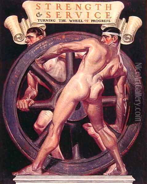 Strength and Service Turning the Wheel of Progress Oil Painting - Francis Xavier Leyendecker