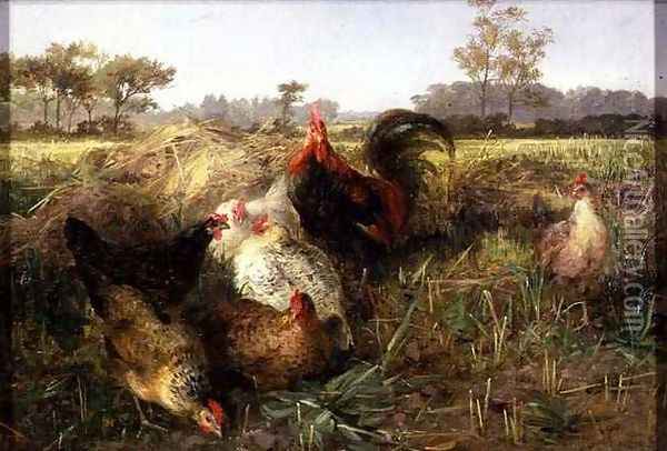 Fowls in the Stubble Oil Painting - George Hickin