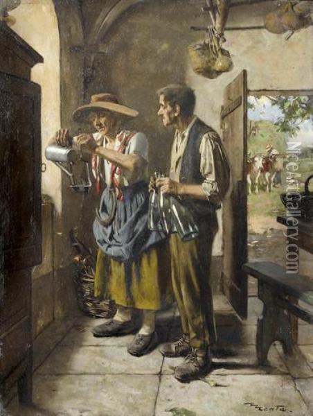 Bauernpaar In Stube Mit Offener Tur. Oil Painting - Edouard Menta