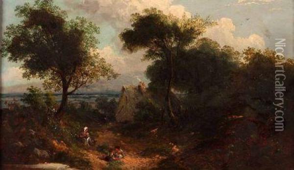 Figures In A Country Lane With Cottage Beyond Oil Painting - Edwin Long Meadows