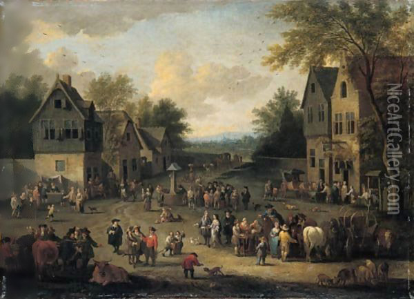 A Crowded Village Scene With Numerous Villagers And Animals Oil Painting - Adriaen Frans Boudewijns