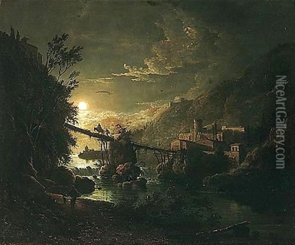 Moonlit River Landscape With Figures Crossing A Bridge Oil Painting - Abraham Pether