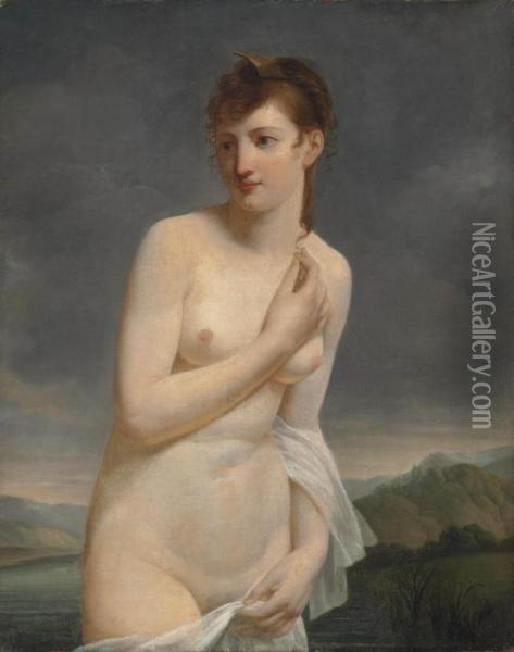 A Female Bather, In An Extensive River Landscape Oil Painting - Jacques Antoine Vallin
