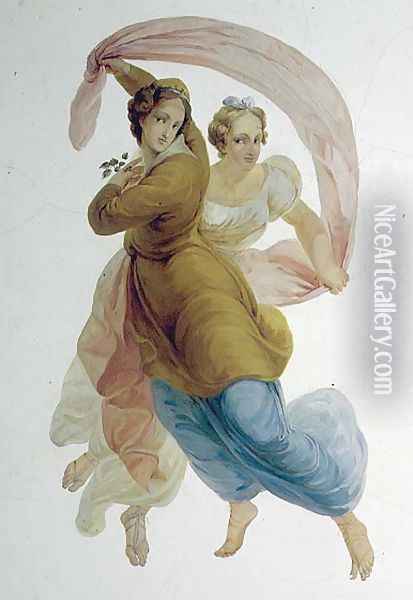 Two Graces, wall panel in the Porcelain Room, c.1822 Oil Painting - Antonio Vighi