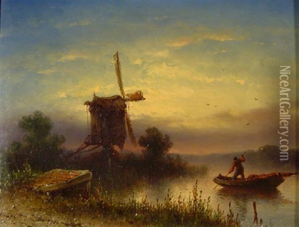 Weite Fluslandschaft Mit Windmuhle Im Abendrot Oil Painting - Johannes Hilverdink