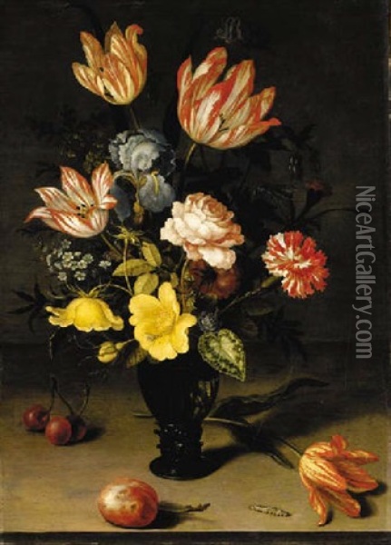 Tulips, Irises, Roses, Forget-me-nots, Chrysanthemums And Hypericum In A Roemer, With Cherries, A Plum, A Tulip And A Caterpillar On A Stone Ledge Oil Painting - Balthasar Van Der Ast