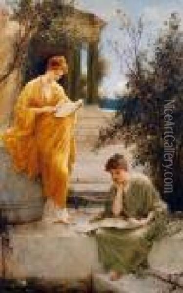 Classical Women Reading By A Temple Oil Painting - Henry Thomas Schafer