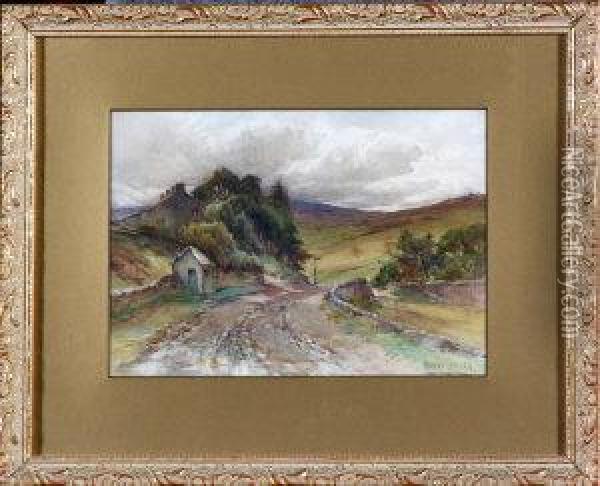 A View In The Lake District With A Road Running Near A Terrace Of Houses Oil Painting - Harry James Sticks