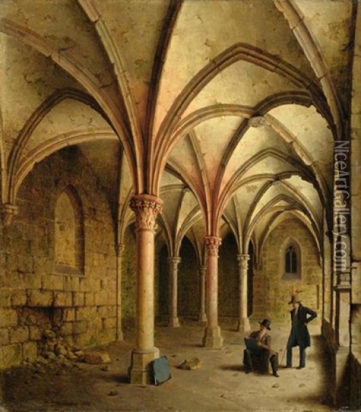 Klostergang Zu Walkenried (mit Einem Selbstportrait Des Kunstlers) Oil Painting - Carl Georg Adolph Hasenpflug