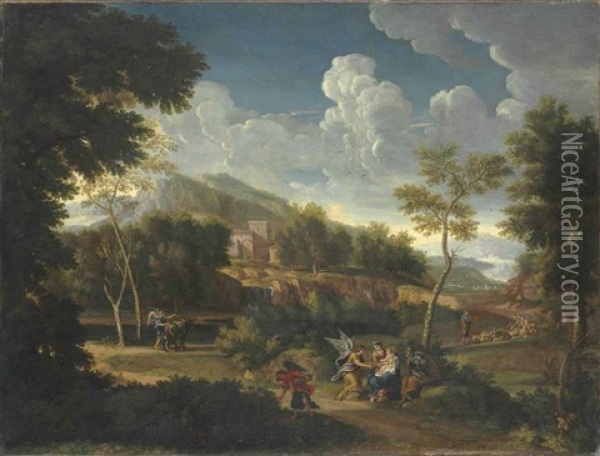 An Extensive Landscape With The Rest On The Flight Into Egypt Oil Painting - Jan Frans van Bloemen