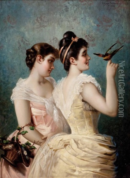 Zwei Madchen Mit Vogel Und Blumenkorb Oil Painting - Emile Eisman-Semenowsky