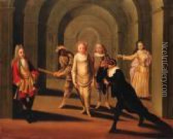 Actors From The Commedia Dell'arte In An Arcade Oil Painting - Claude Gillot