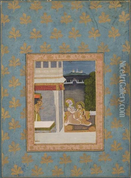 Krishna And Radha Oil Painting -  Indian School-Kishangarh (18)