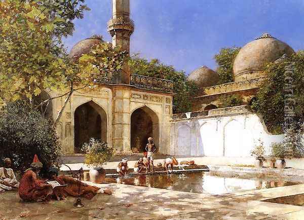 Figures In The Courtyard Of A Mosque Oil Painting - Edwin Lord Weeks