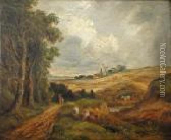 Harvest Scene With A Windmill Oil Painting - John Moore Of Ipswich